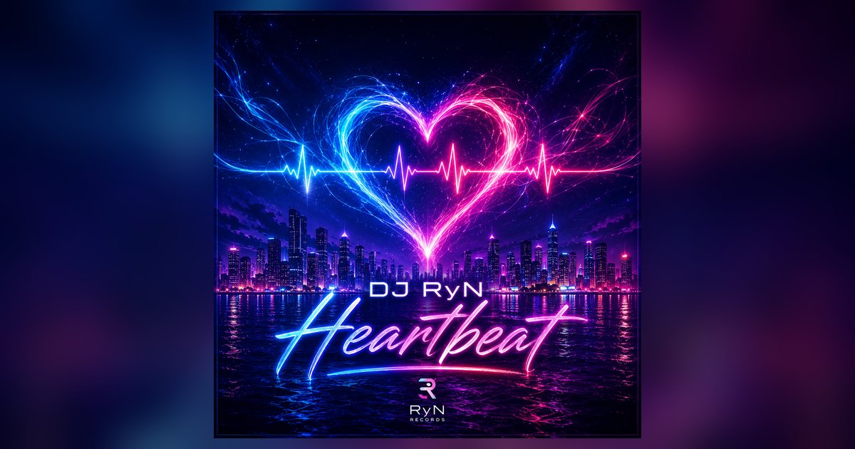 DJ RyN – Heartbeat cover: blue and pink neon heart over a city at night