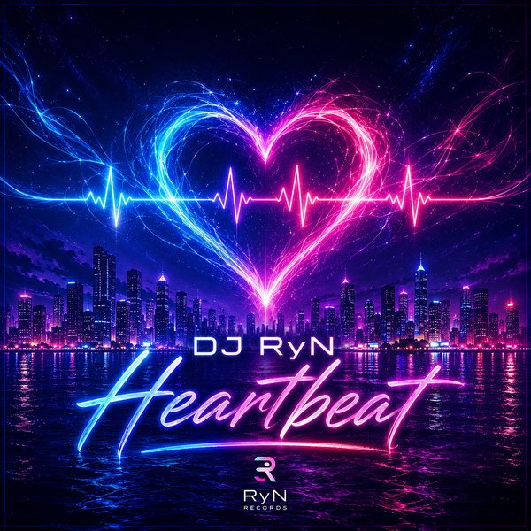 Cover DJ RyN – Heartbeat: blau-pinkes Neonherz mit Pulslinie über einer Stadt bei Nacht